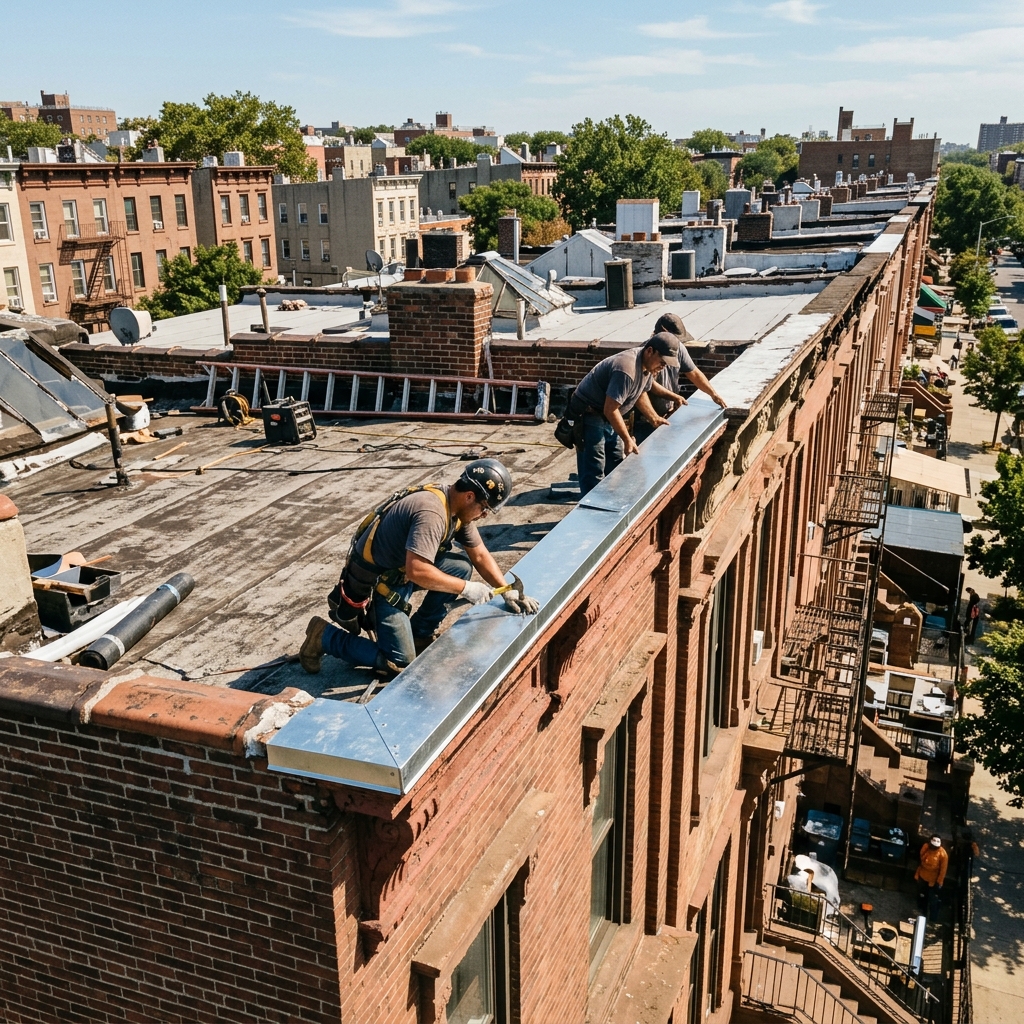 Brownstone flat roof flashing repair in Park Slope Brooklyn