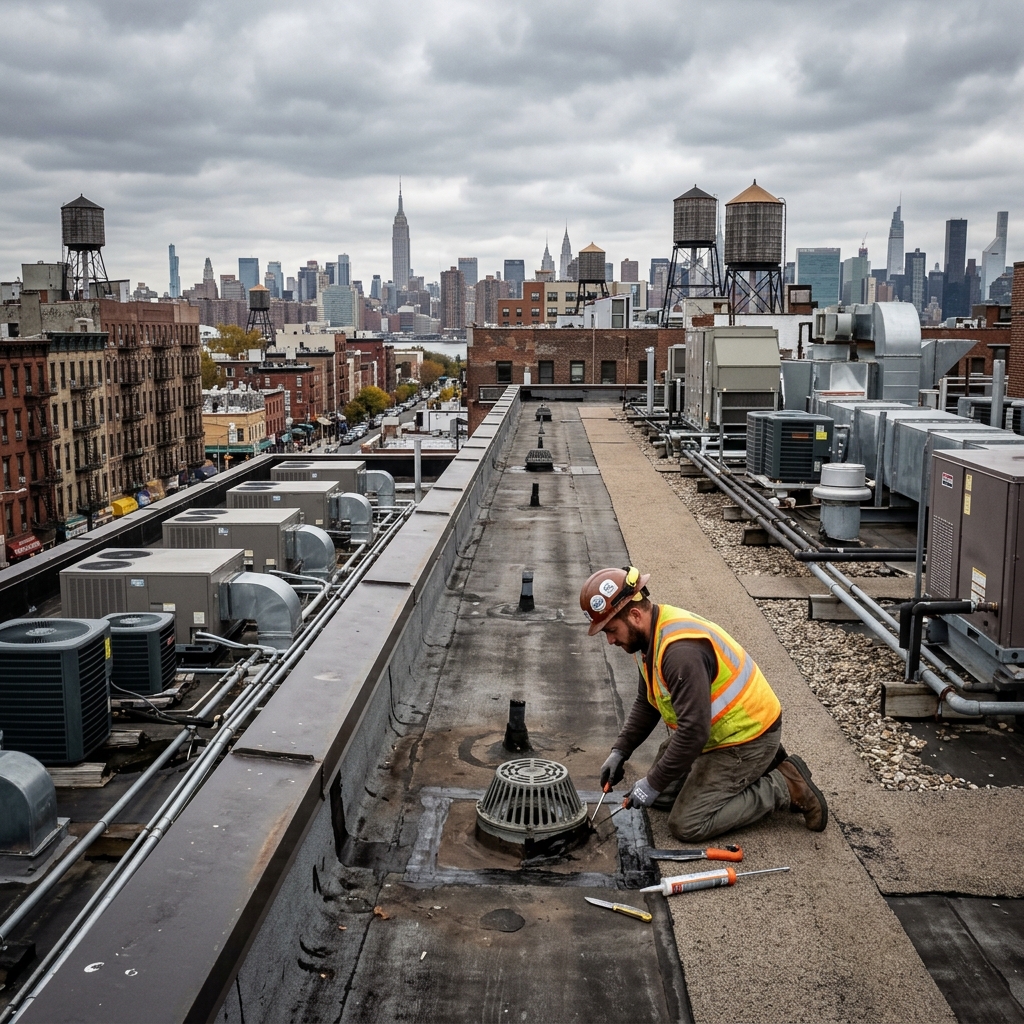 Commercial flat roof drain repair on Williamsburg mixed-use building