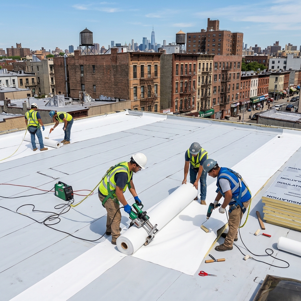 Commercial flat roof maintenance on a Brooklyn apartment building in Kings County