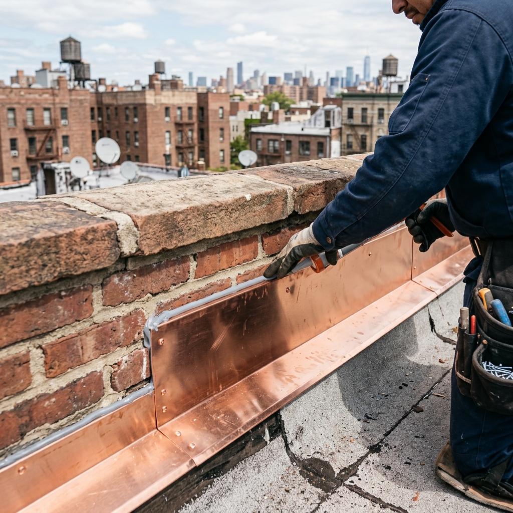 Parapet wall flashing and waterproofing repair on a Brooklyn rooftop in Kings County